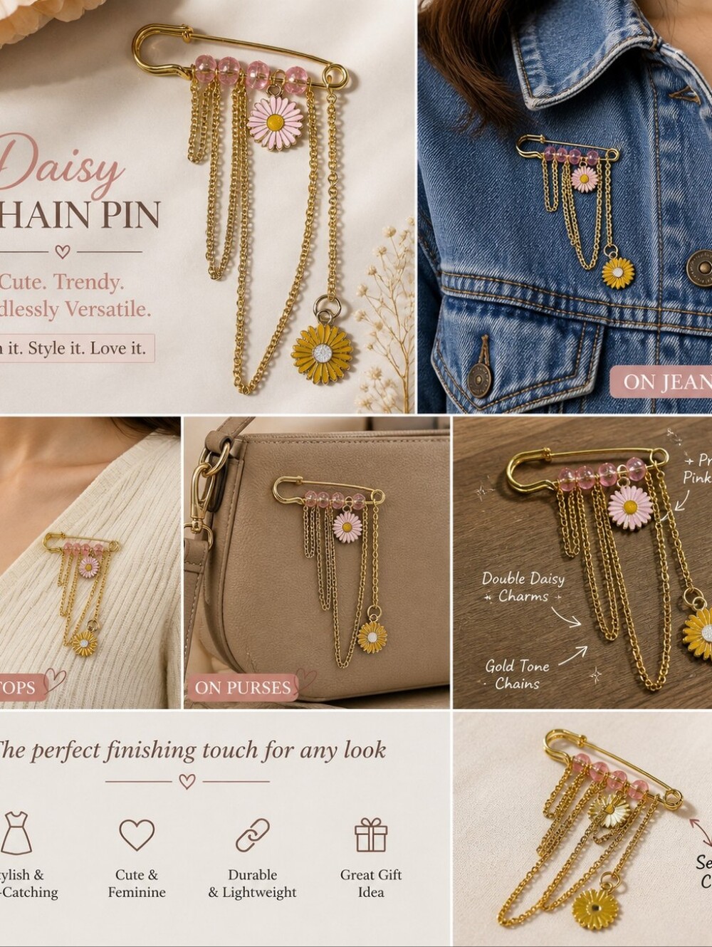 Daisy Chain Pin - Pink & Yellow Floral Safety Pin Brooch